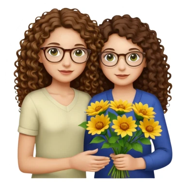 light skinned brunette long curly haired woman with green/hazel eyes framed with fine round gold rimmed glasses holding big bright bunch of flowers with one hand and young kindergarten age daughter's hand (also with long brown curly hair) in other. White background. sticker