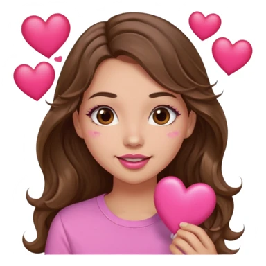 girl with long wavy brown hair, brown eyes, light to medium complexion, in a pink shirt, pink lips, long lashes, puckering lips kissing, blushing with hearts sticker