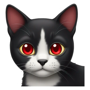 black cat with red cute eyes looks cutely to the left at the heart sticker