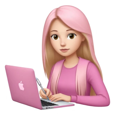 Mujer lacia peli larga y peli larga  en una MacBook rosa investigando y haciendo tareas con un libro de apuntes y con cara muy linda como modelo sticker