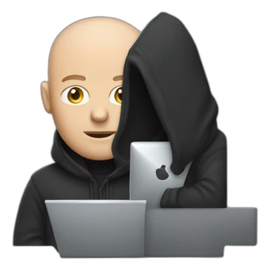 bald white man with a salt and pepper beard typing on apple computer wearing a black hoodie sticker