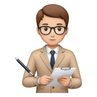 a person holding a checklist and pen, wearing smart casual clothing. The character is in a focused pose sticker