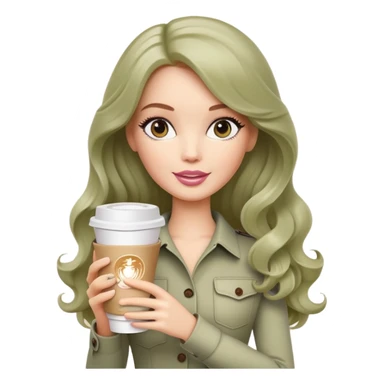 A white Barbie girl with long dark brown wave hair and a pale olive paper cup of coffee sticker