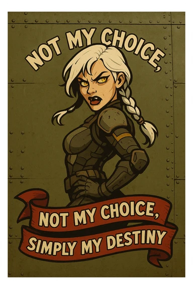 a retro military pinup fuselage decoration for the motto " not my choice, simply my destiny "
; female figure young and gorgeous, white hair 1 braid, gold yellow eyes, spacer, fierce, exo-rogue, menacing yet taunting sticker