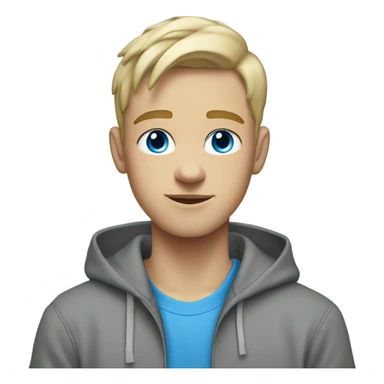 A white teen with a blonde low taper fade and a grey hoodie on with blue eyes sticker