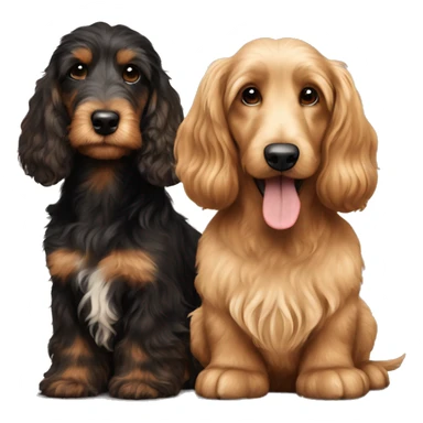Brown golden doodle and black and tan and cream longhair dachshund sitting together  sticker