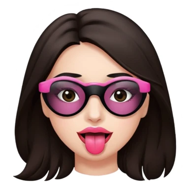 woman with dark brown hair wearing black band over eyes with tongue out sticker