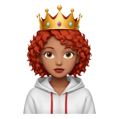Slim girl with a fine face, dark chocolate-colored and tanned skin, medium-length curly tomato-red hair, dark eyes, medium-thick eyelashes, and a crown and hoop earrings wearing a white hooded sweatshirt.
 sticker