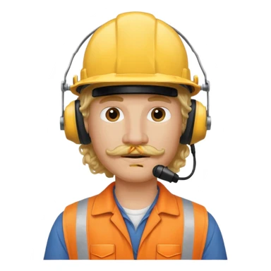 construction worker with blond long curly hair and protective headphones and mustache sticker