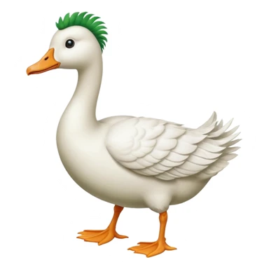 Make me an emoji of a goose that is running towards something. Also make it white. Make it have a very long neck like geese do.

Can you make the goose wear green suspenders sticker