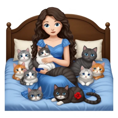 detailed realistic looking a dark grey and white cat regally laying with six other cats, cuddling with their owner in bed who is a pretty bratz lightly tanned white girl with long dark brown hair, blue eyes and gorgeous long wavy hair wearing a pretty detailed dress sticker
