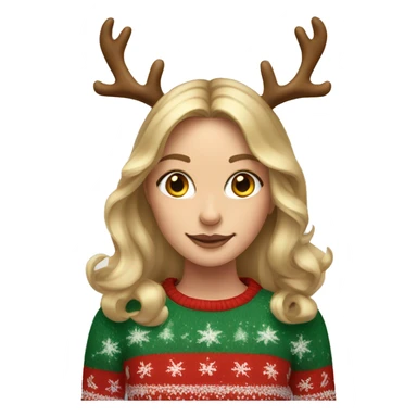 dark blond hairwd girl with christmas sweater and raindeer horns sticker