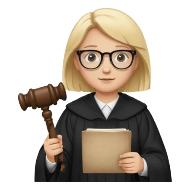 Young judge, blonde hair with glasses and robe, hold a paper and gavel sticker