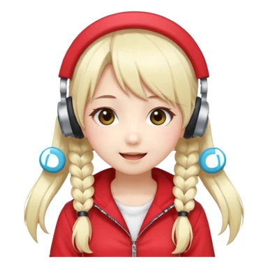 Cute kawaii emoji-style Japanese K-pop singer girl, long platinum blonde hair in twin tails, red outfit, headset mic on cheek, Japanese K-pop idol vibes, big sparkling eyes, chibi proportions, clean lineart, pastel colors, cheerful idol smile, sticker/emoji style, transparent background sticker