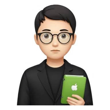 a asia white man guy his 26olds wearing an apple notebook, wearing bodyguard radio operator, round glasses, black clothes sticker