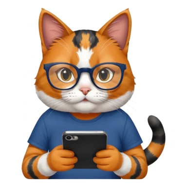 un gato de tres colores naranja, negro y blanco con gafas de leer con un celular en manos leyendo comentarios y que tenga una remera color azul oscuro que diga UOM sticker
