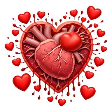 Glowing pieces of red meat and liver floating around a bright red heart and shining blood cells. Red energy streams connect the meats to the blood and heart, showing how heme iron creates vitality and supports circulation throughout the body. sticker
