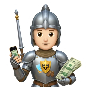 Knight with helmet holding phone and money sticker