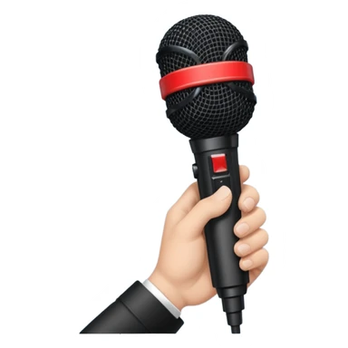 hand holding black stage microphone with red strip on bottom sticker