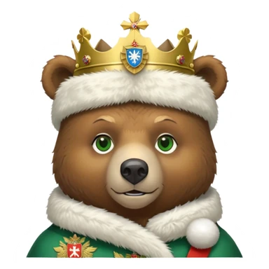 Just the head of a cute brown bear with green eyes, wearing white fur ushanka hat with highly detailed realistic Russian Federation coat of arms, showing double-headed eagle with crowns, scepter, orb and St. George shield, iOS emoji style sticker