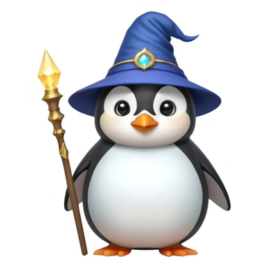 cute chubby penguin with a wizard hat and a glowing wand looking wise and magical sticker