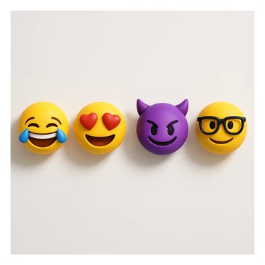 make four emojis on white background with good amount of shadow, four emojis of smiley's only. one laughing, second heart eyes, third purple devil and four black glasses emojis  sticker