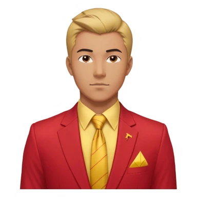 "A bust of a professional man dressed in a red and yellow business suit, symbolizing career opportunities and success. He has a confident expression, short well-groomed hair, and a sharp, determined look. The suit consists of a red blazer with yellow accents, a neatly buttoned yellow dress shirt, and a red tie. A bright upward arrow (📈) is positioned beside him, representing career growth. The man’s bust is stylized with clean lines, focusing on his upper torso and face. The background is plain white, maintaining a professional and modern business-themed design. sticker