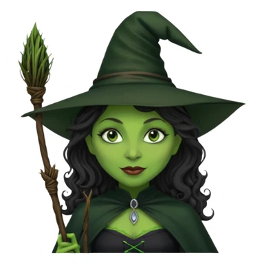 elphaba the wicked witch from wicked movie (cynthia erivo) dark long curly hair, thick lips, wide nose, green skins, witch hat, witch broom, evil, wicked musical film, smirk sticker