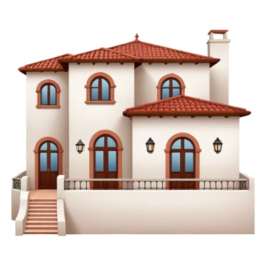 White stucco Spanish villa with red clay tile roof, arched windows, and small balcony sticker