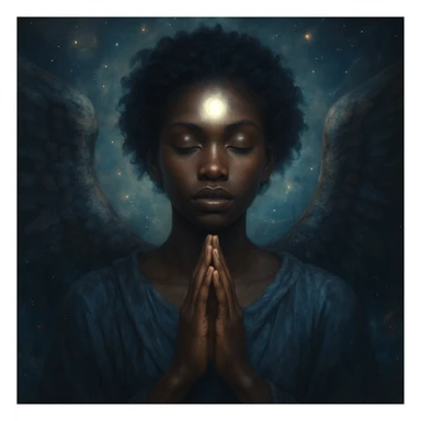 black angel in prayer, third eye illuminated, celestial and dreamy atmosphere sticker