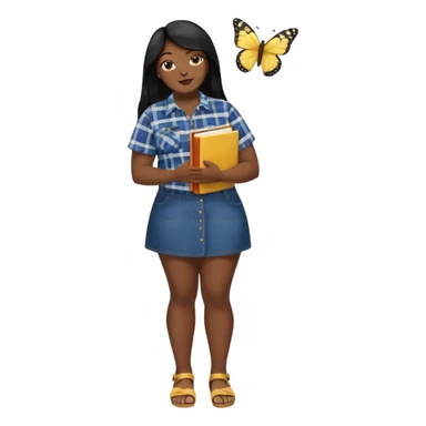 A plus-size Black woman is wearing makeup. She has long, straight black hair and is wearing a short-sleeved flannel shirt with a yellow butterfly print, a denim miniskirt, and sandals. She is standing and holding a book in one hand while extending her forearm upward with the other. sticker