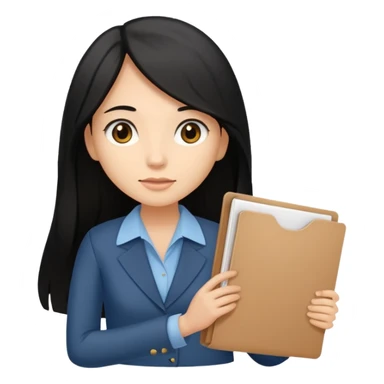 a light tan woman with long black hair past mid-back, round brown eyes and manila folder in her hands sticker
