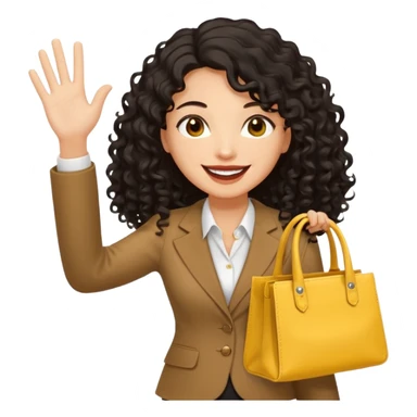 medium deep tan brown business woman with long black curly hair, waving hand with happy face with smile mouth and carrying bag on her shoulder and the other hand holding yellow stanley tumblr sticker