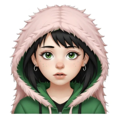 girl with black long layered hair with wispy bangs, pale skin, black t shirt, freckles on nose, dark nude colored lipliner, fluffy lashes, green hooded eyes, black spiky septum ring, eyebrow piercing, blush, thin black eyebrows. sticker