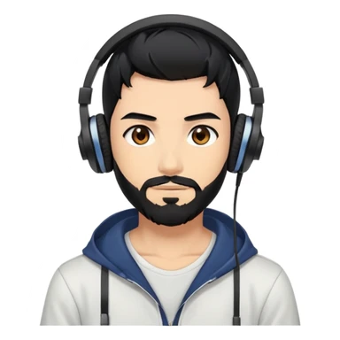 Anime-style man with black hair, brown eyes, black beard wearing gaming headphones, anime character design sticker