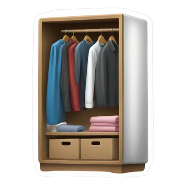 Design an emoji-style icon of an open wardrobe with clothes hanging inside. Include details like a wooden frame, hangers, and only black or white different clothing items such as shirts or any other clothing . Use a clean and minimalistic design. sticker