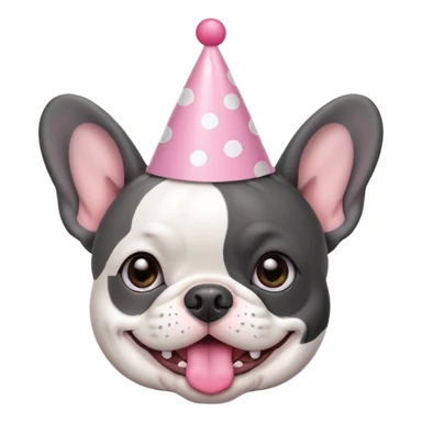french bulldog with a birthday hat and black and white and grey coloring. please make it emoji style please. also please make the dog have a pink hat sticker
