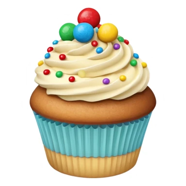 a soft vanilla cupcake with creamy frosting, decorated with scattered small, round, brightly colored candy-coated chocolates on top sticker