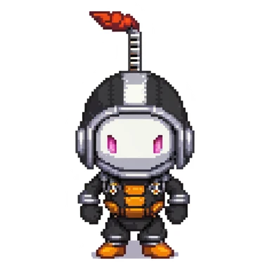 Black bomberman character, ninja-like design, sleek helmet with sharp antenna, mysterious appearance, cool pixel art style sticker