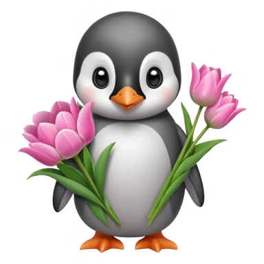 Cute baby penguin holding flower bouquet wraped in white paper and all flowers tulips in pink colour sticker