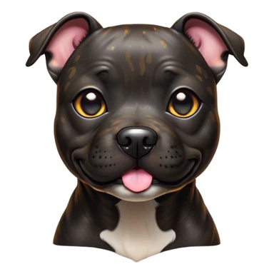 Cinematic Cute Black/Brindle Staffordshire Bull Terrier Portrait Emoji, Head tilted playfully and inquisitively, featuring a glossy Fur with a dynamic mix of black and brindle, round, sparkling dark eyes filled with curiosity, Simplified yet irresistibly adorable features, highly detailed, glowing with a warm, friendly glow, high shine, affectionate and spirited, stylized with a touch of whimsy, bright and endearing, soft glowing outline, capturing the essence of a mischievous yet loving pup, so playful it feels like it could bound out of the screen and into your arms! sticker