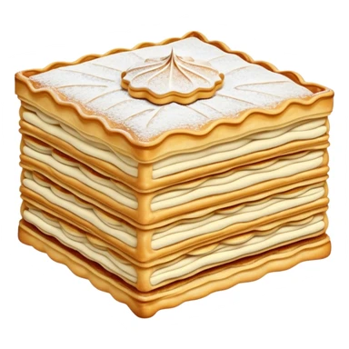 Cinematic Realistic Mille-Feuille Dessert Emoji, depicted as layered puff pastry with rich cream and a dusting of powdered sugar rendered with intricate textures and elegant, soft lighting. sticker