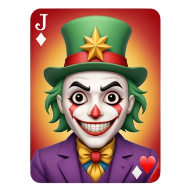 1 poker card, perfectly squared card, with crazy colorful human jolly joker inside, magic star symbol with a "J" sticker