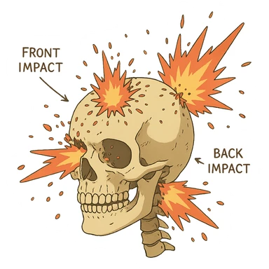a skull exploding, anatomical diagram, front and back impact points sticker