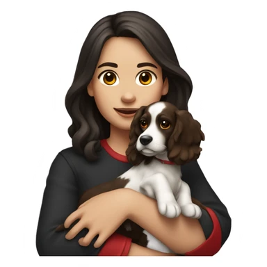 a brunette girl with a square holds a spaniel dog in her arms, color black with red sticker
