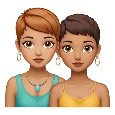 Puerto Rican fair skin straight brown pixie cut hair with hoop earrings make up and my best friend caramel colored pixie cut with jewelry and makeup on her face besties side-by-side sticker
