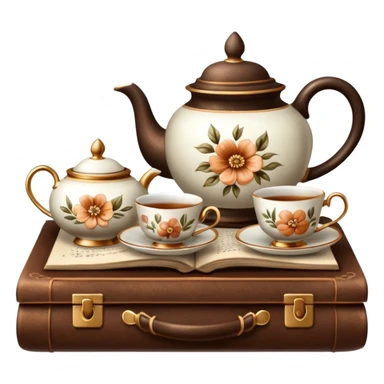 A beautiful vintage tea set stands on a brown book sticker