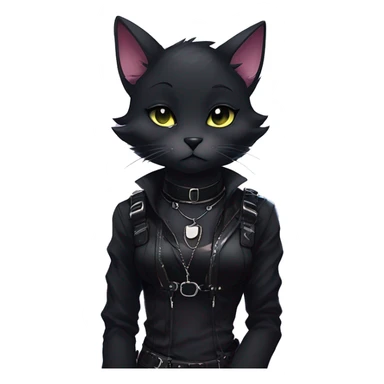 Gorgeous furry dark punk techwear anime style anthro black cat fursona with blushing face aesthetic and pretty edgy black with collar and harness trending style sticker