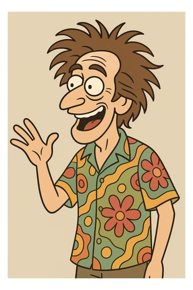 Shimmy Jimmy from the movie Blended, energetic, wild hair, colorful shirt, expressive face, cartoon style sticker