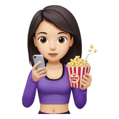Brunette light skin girl with black sports bra and grey sweatpants on her phone while eating popcorn from a purple popcorn bag sticker
